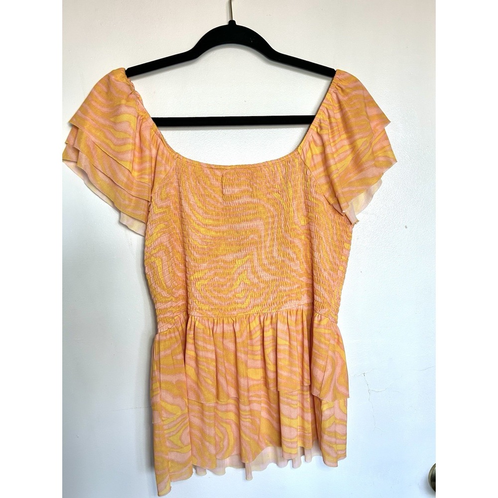 DR 2 Woman's Blouse Smocked bodice tiered peplum Ruffle‎ Hem Bohemian Fairy M